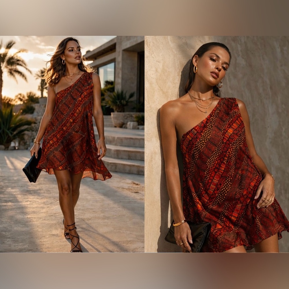 Vince Camuto One Shoulder Printed Dress - side drape/ruffle Orange Brown Size 10